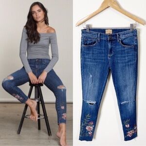Driftwood Rosalee Floral Embroidered Distressed Frayed Hem Jackie Skinny Jeans
